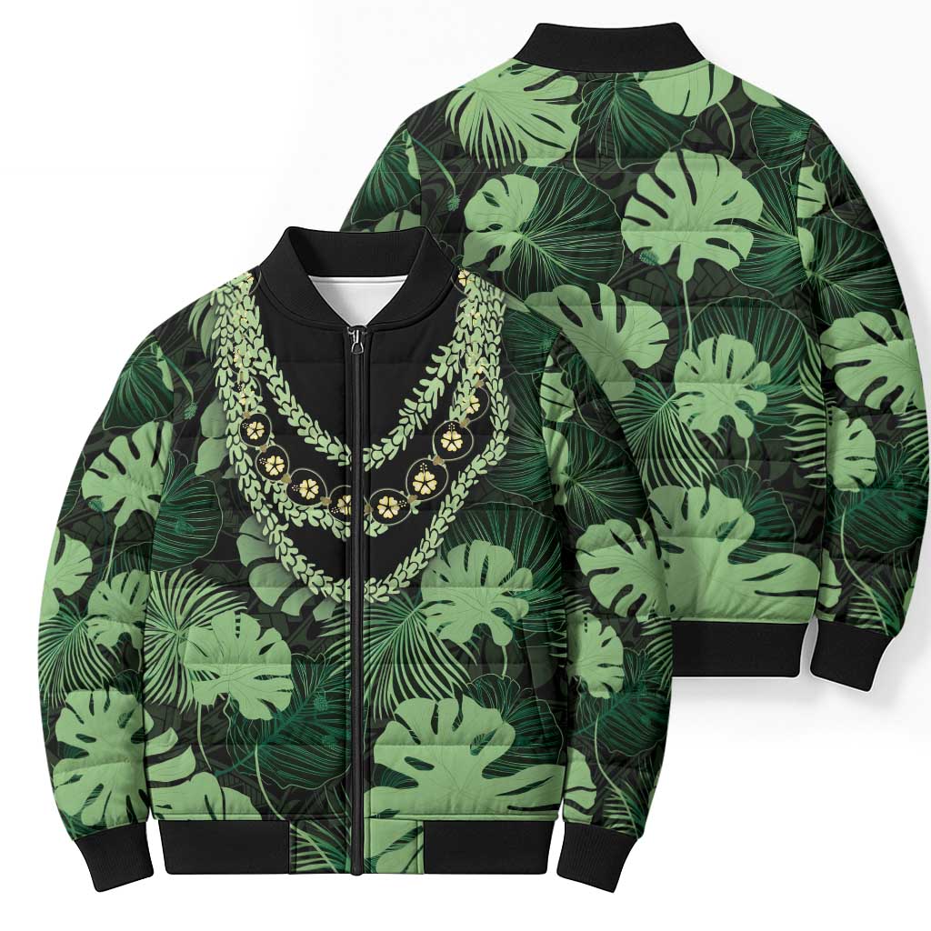 Green Hawaii Kukui Nut Lei Bomber Puffer Jacket Hawaiian Pattern Monstera Tropical Vibes - Polynesian Pride