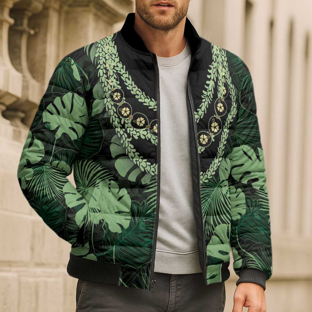 Green Hawaii Kukui Nut Lei Bomber Puffer Jacket Hawaiian Pattern Monstera Tropical Vibes - Polynesian Pride