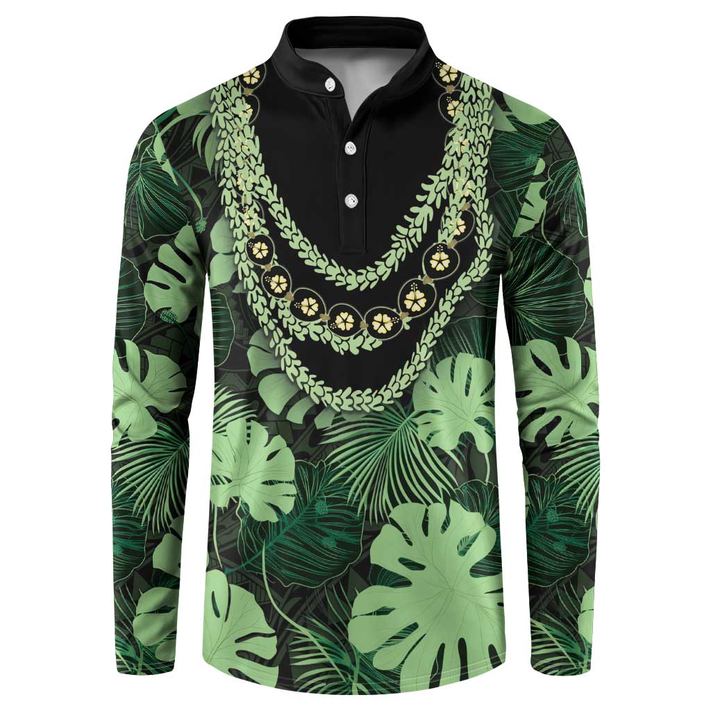 Green Hawaii Kukui Nut Lei Button Sweatshirt Hawaiian Pattern Monstera Tropical Vibes - Polynesian Pride