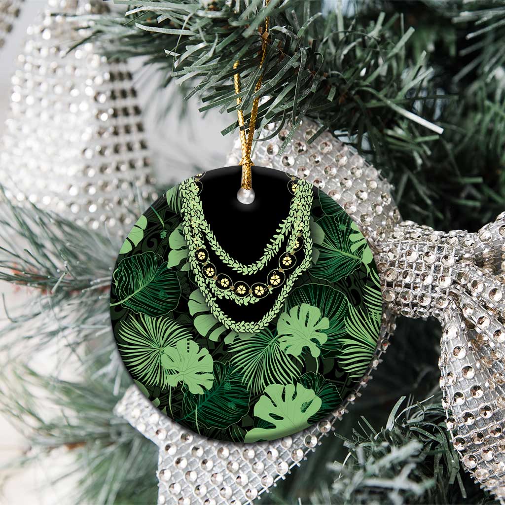 Green Hawaii Kukui Nut Lei Ceramic Ornament Hawaiian Pattern Monstera Tropical Vibes - Polynesian Pride