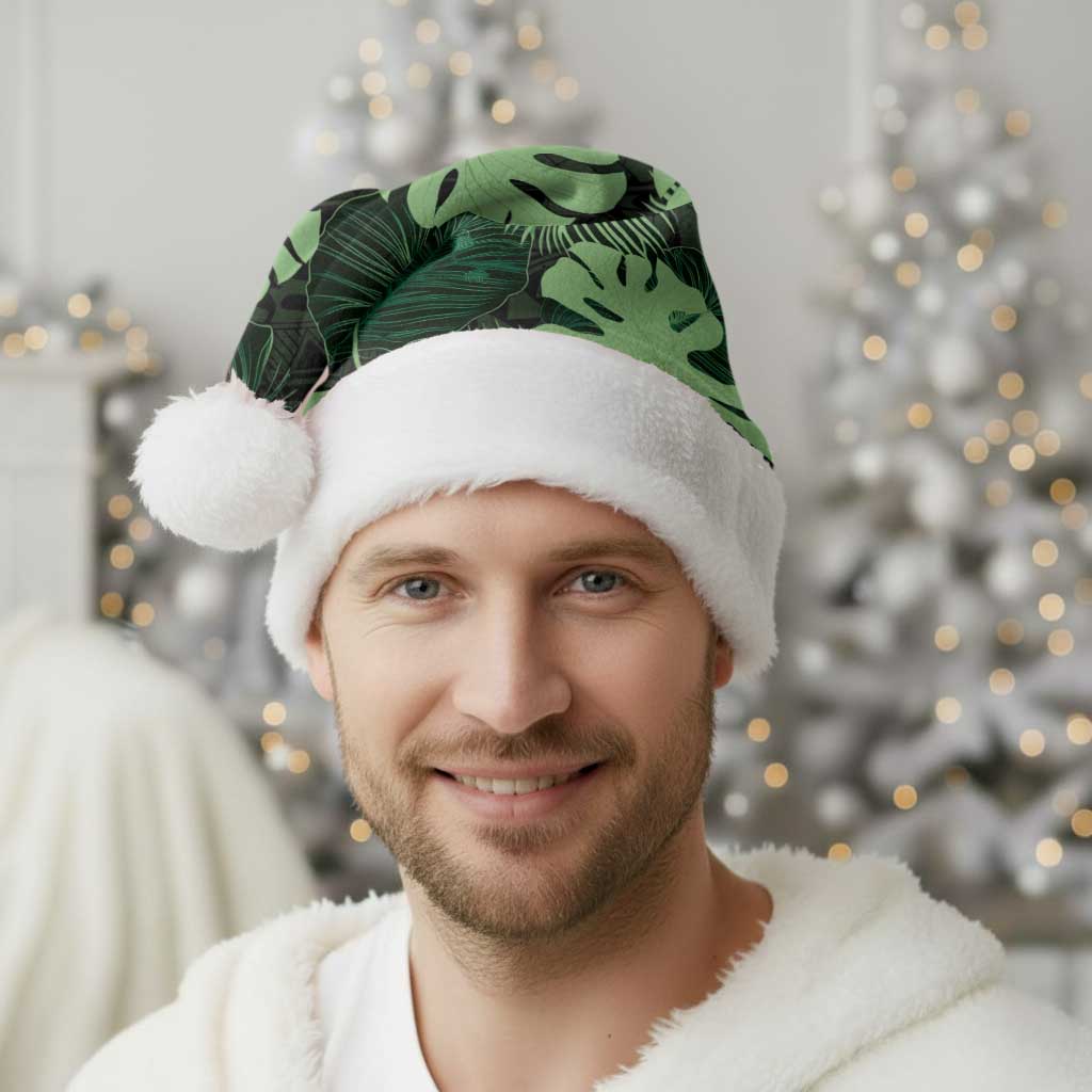 Green Hawaii Kukui Nut Lei Christmas Santa Hat Hawaiian Pattern Monstera Tropical Vibes - Polynesian Pride
