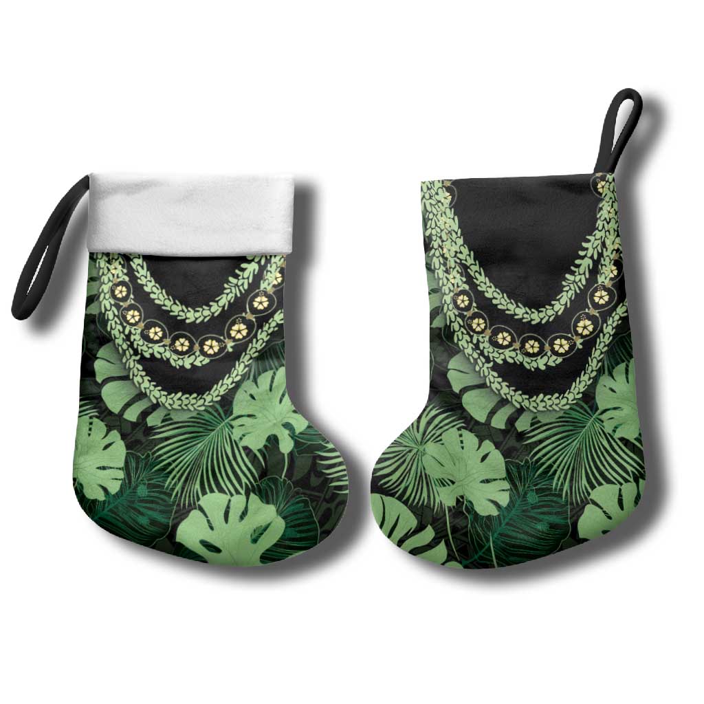 Green Hawaii Kukui Nut Lei Christmas Stocking Hawaiian Pattern Monstera Tropical Vibes - Polynesian Pride