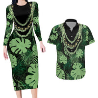 Green Hawaii Kukui Nut Lei Couples Matching Long Sleeve Bodycon Dress and Hawaiian Shirt Hawaiian Pattern Monstera Tropical Vibes - Polynesian Pride