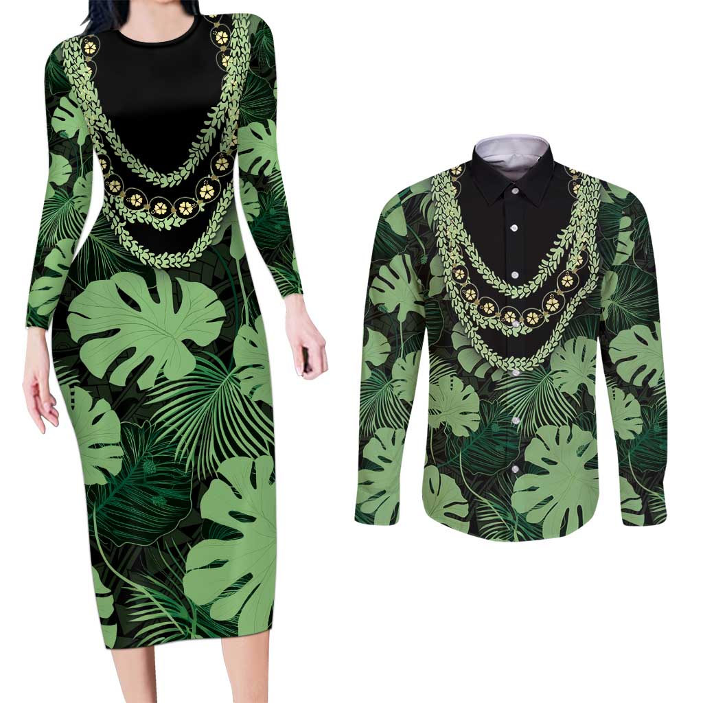 Green Hawaii Kukui Nut Lei Couples Matching Long Sleeve Bodycon Dress and Long Sleeve Button Shirt Hawaiian Pattern Monstera Tropical Vibes LT14 Green - Polynesian Pride