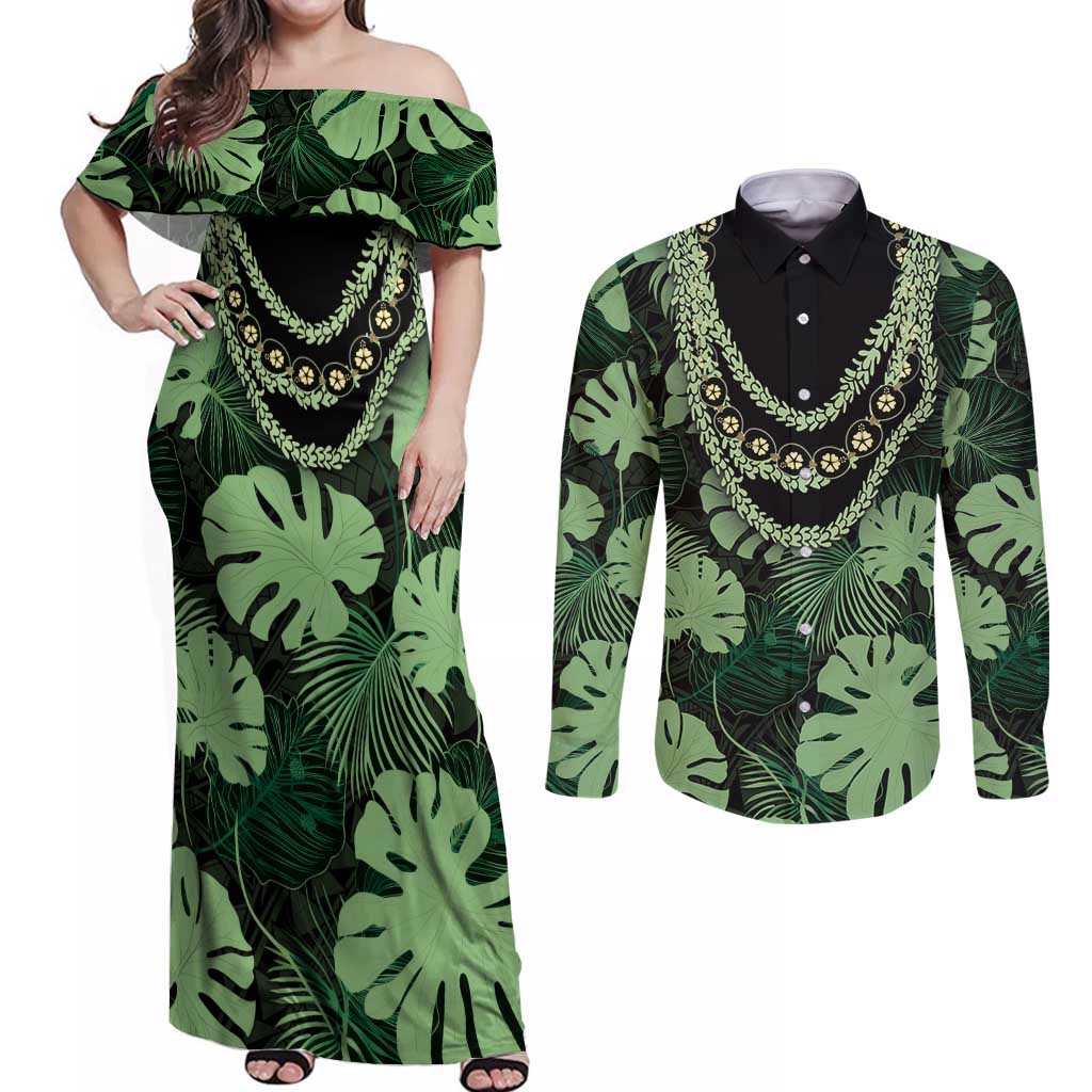 Green Hawaii Kukui Nut Lei Couples Matching Off Shoulder Maxi Dress and Long Sleeve Button Shirt Hawaiian Pattern Monstera Tropical Vibes LT14 Green - Polynesian Pride