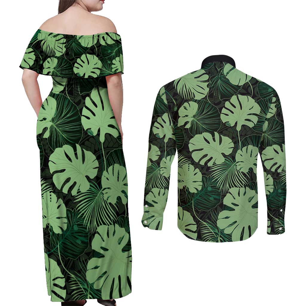 Green Hawaii Kukui Nut Lei Couples Matching Off Shoulder Maxi Dress and Long Sleeve Button Shirt Hawaiian Pattern Monstera Tropical Vibes LT14 - Polynesian Pride