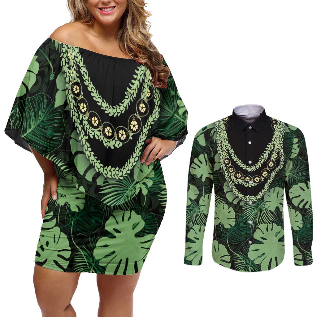 Green Hawaii Kukui Nut Lei Couples Matching Off Shoulder Short Dress and Long Sleeve Button Shirt Hawaiian Pattern Monstera Tropical Vibes LT14 Green - Polynesian Pride
