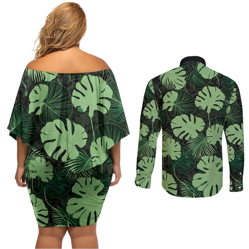 Green Hawaii Kukui Nut Lei Couples Matching Off Shoulder Short Dress and Long Sleeve Button Shirt Hawaiian Pattern Monstera Tropical Vibes LT14 - Polynesian Pride