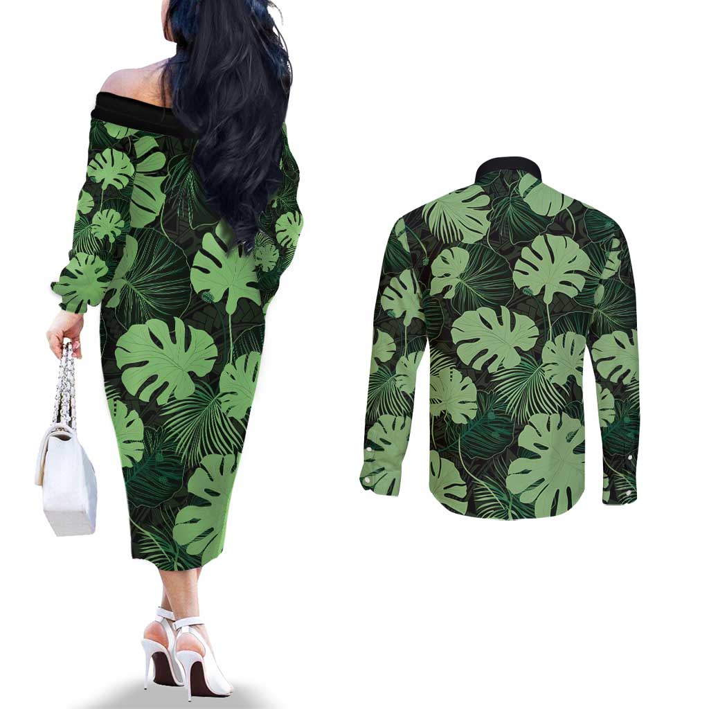 Green Hawaii Kukui Nut Lei Couples Matching Off The Shoulder Long Sleeve Dress and Long Sleeve Button Shirt Hawaiian Pattern Monstera Tropical Vibes LT14 - Polynesian Pride