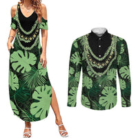 Green Hawaii Kukui Nut Lei Couples Matching Summer Maxi Dress and Long Sleeve Button Shirt Hawaiian Pattern Monstera Tropical Vibes LT14 Green - Polynesian Pride