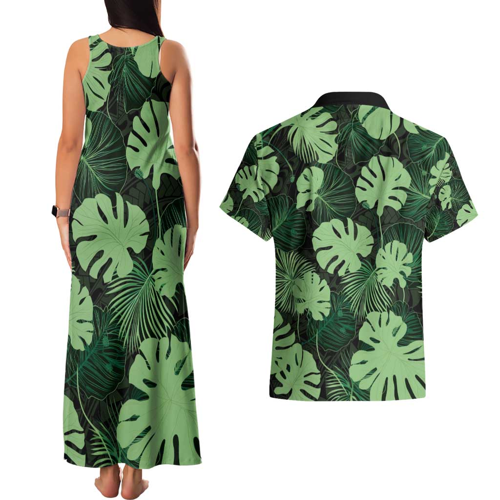 Green Hawaii Kukui Nut Lei Couples Matching Tank Maxi Dress and Hawaiian Shirt Hawaiian Pattern Monstera Tropical Vibes - Polynesian Pride