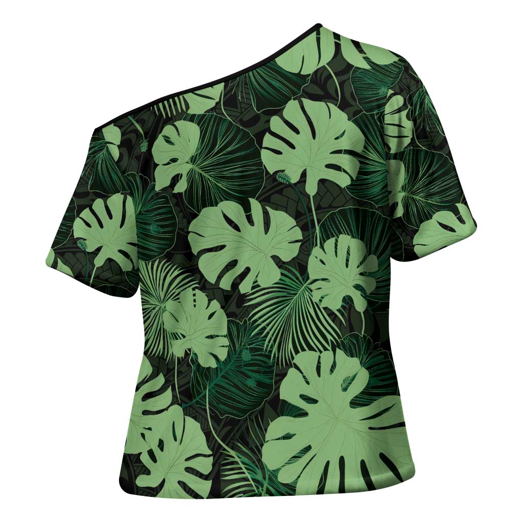 Green Hawaii Kukui Nut Lei Cross Shoulder Shirt Hawaiian Pattern Monstera Tropical Vibes - Polynesian Pride