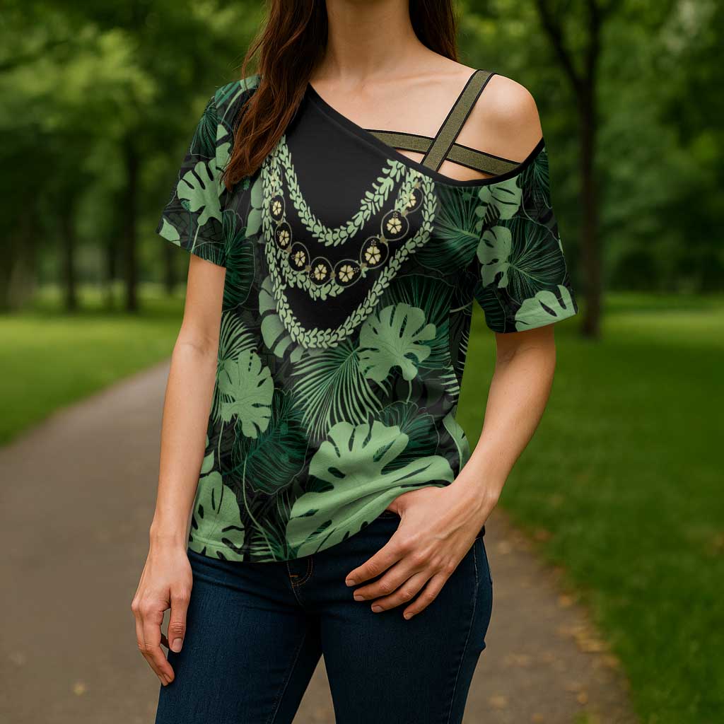 Green Hawaii Kukui Nut Lei Cross Shoulder Shirt Hawaiian Pattern Monstera Tropical Vibes - Polynesian Pride