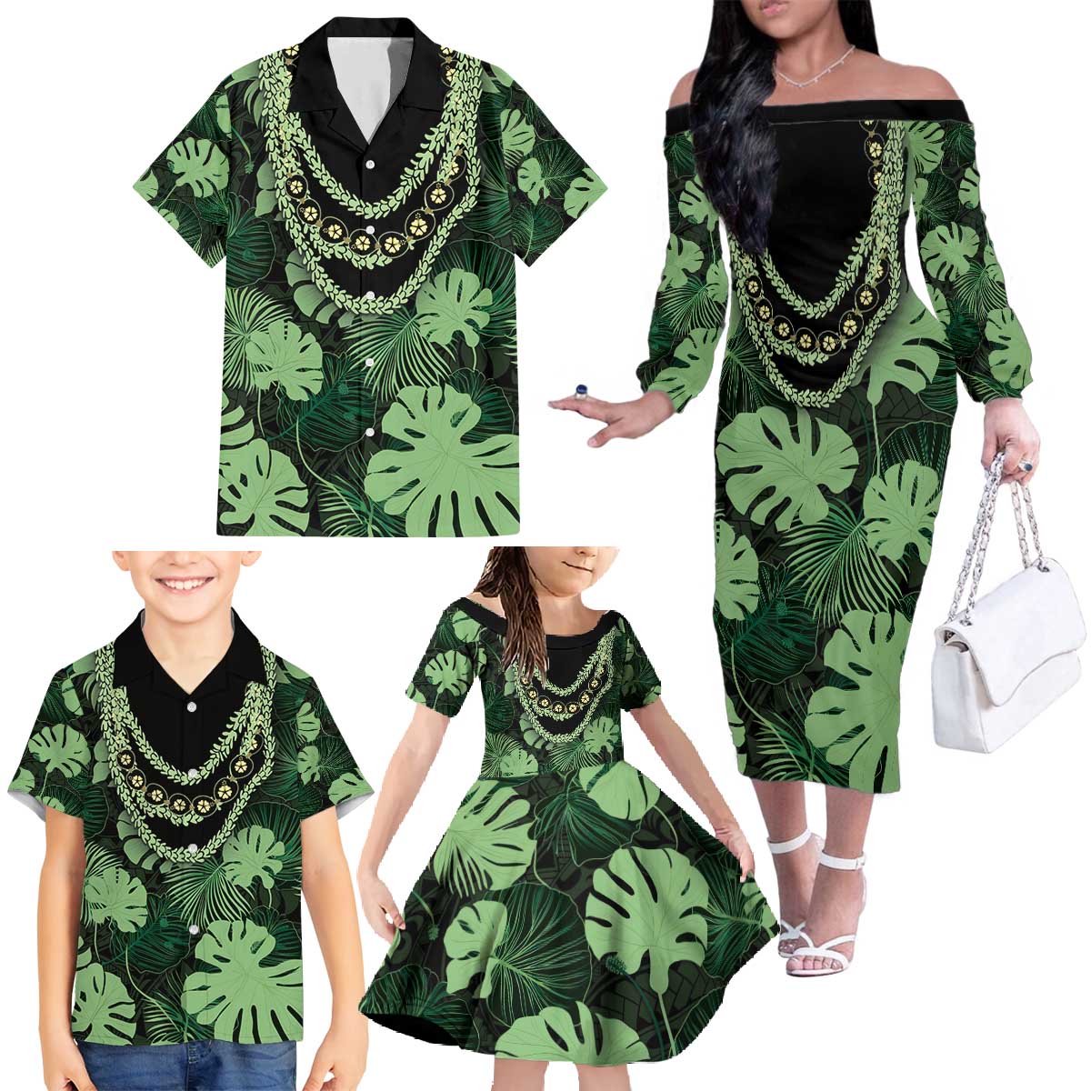Green Hawaii Kukui Nut Lei Family Matching Off The Shoulder Long Sleeve Dress and Hawaiian Shirt Hawaiian Pattern Monstera Tropical Vibes - Polynesian Pride