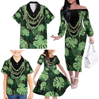 Green Hawaii Kukui Nut Lei Family Matching Off The Shoulder Long Sleeve Dress and Hawaiian Shirt Hawaiian Pattern Monstera Tropical Vibes - Polynesian Pride