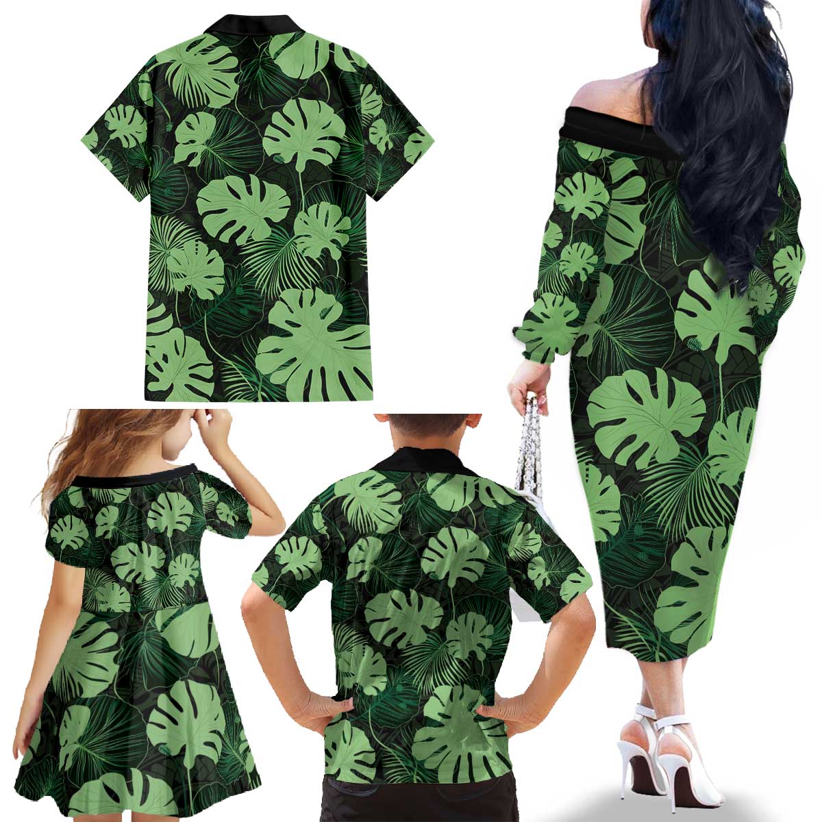 Green Hawaii Kukui Nut Lei Family Matching Off The Shoulder Long Sleeve Dress and Hawaiian Shirt Hawaiian Pattern Monstera Tropical Vibes - Polynesian Pride