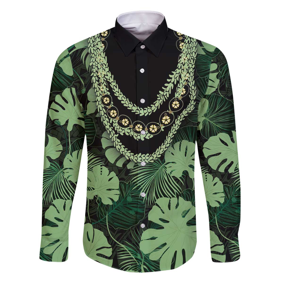 Green Hawaii Kukui Nut Lei Family Matching Off The Shoulder Long Sleeve Dress and Hawaiian Shirt Hawaiian Pattern Monstera Tropical Vibes - Polynesian Pride