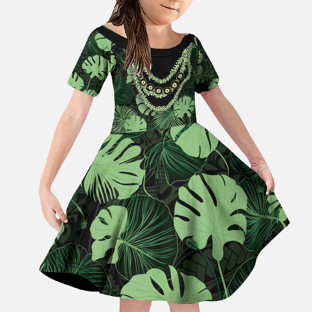 Green Hawaii Kukui Nut Lei Family Matching Off Shoulder Maxi Dress and Hawaiian Shirt Hawaiian Pattern Monstera Tropical Vibes - Polynesian Pride