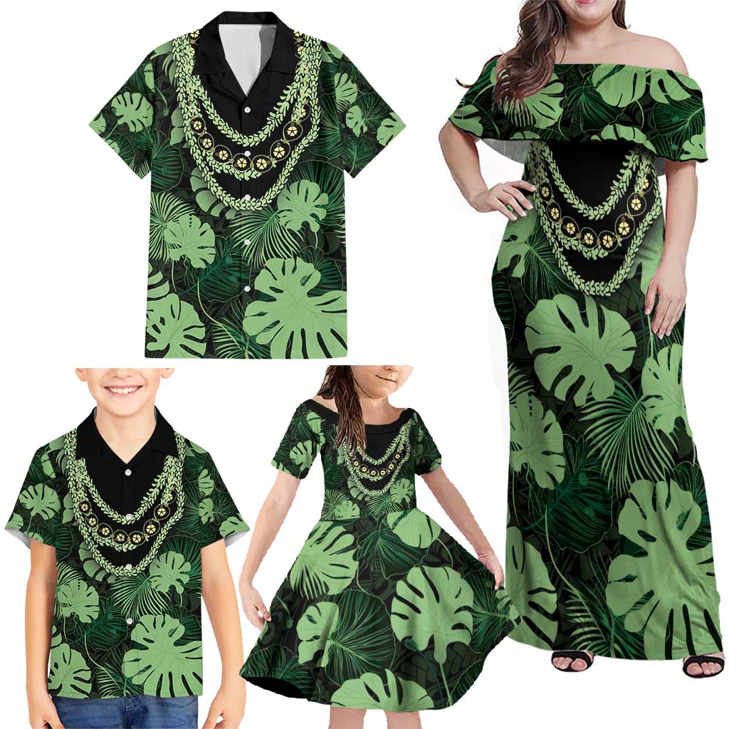 Green Hawaii Kukui Nut Lei Family Matching Off Shoulder Maxi Dress and Hawaiian Shirt Hawaiian Pattern Monstera Tropical Vibes - Polynesian Pride
