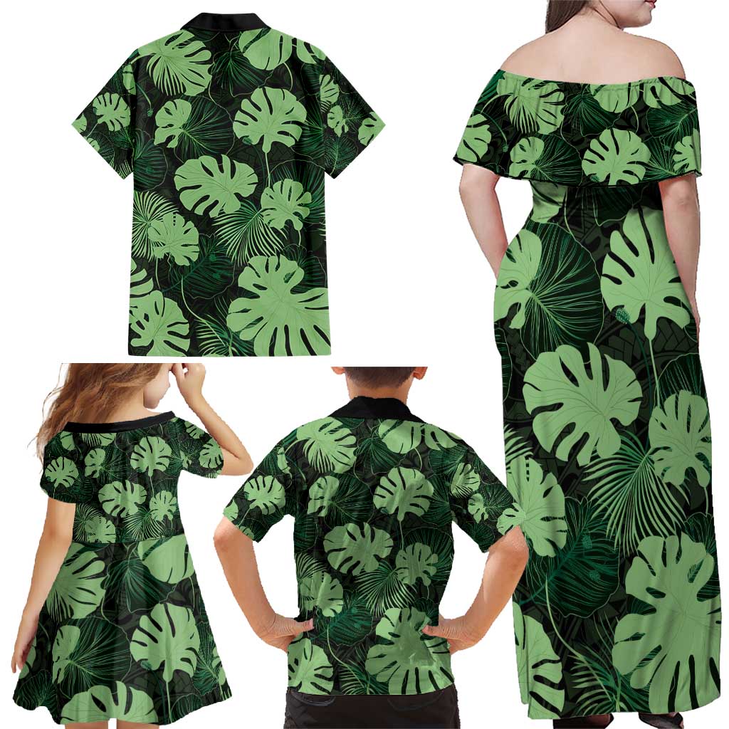Green Hawaii Kukui Nut Lei Family Matching Off Shoulder Maxi Dress and Hawaiian Shirt Hawaiian Pattern Monstera Tropical Vibes - Polynesian Pride