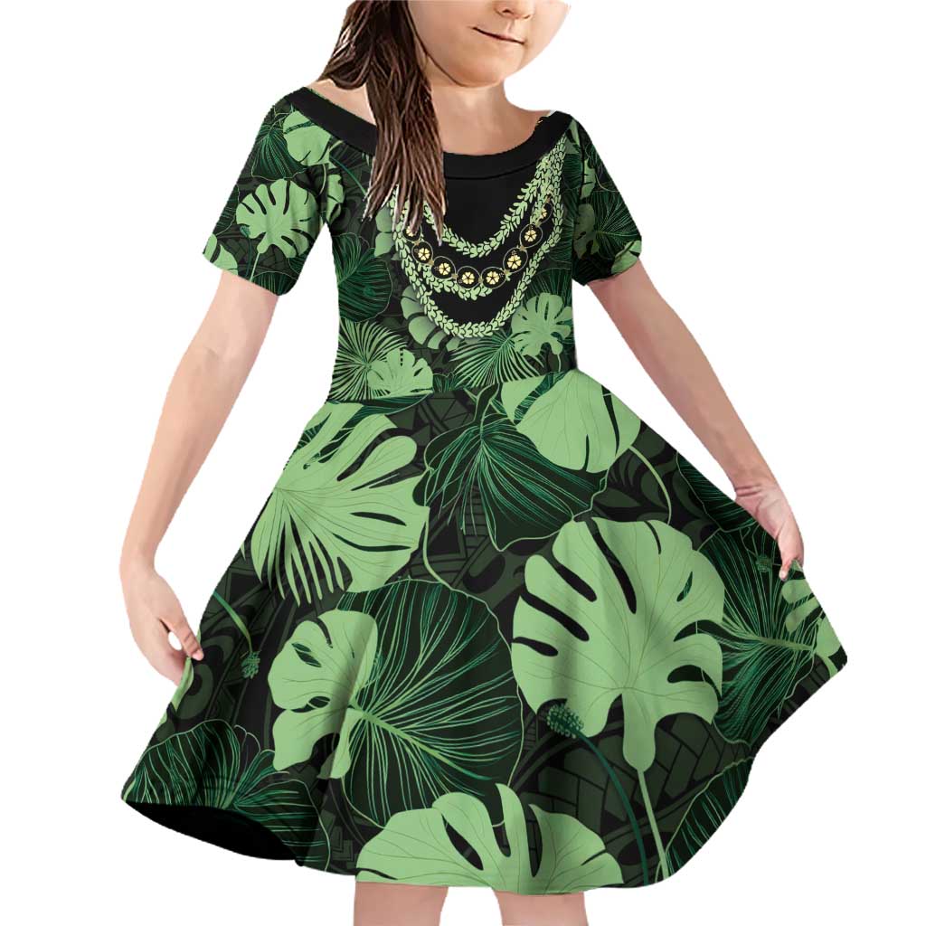 Green Hawaii Kukui Nut Lei Family Matching Off Shoulder Short Dress and Hawaiian Shirt Hawaiian Pattern Monstera Tropical Vibes - Polynesian Pride