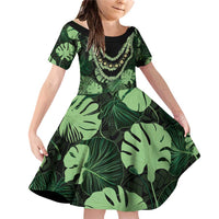 Green Hawaii Kukui Nut Lei Family Matching Off Shoulder Short Dress and Hawaiian Shirt Hawaiian Pattern Monstera Tropical Vibes - Polynesian Pride
