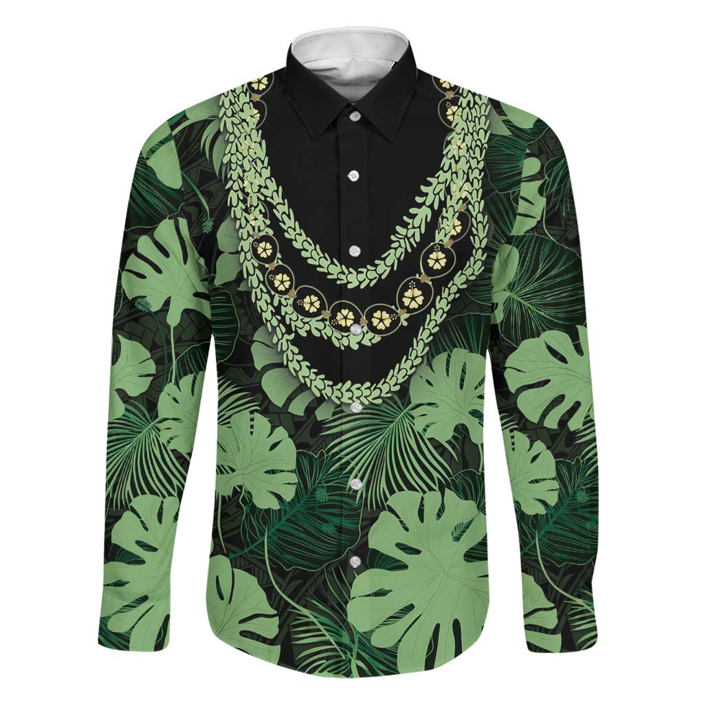Green Hawaii Kukui Nut Lei Family Matching Puletasi and Hawaiian Shirt Hawaiian Pattern Monstera Tropical Vibes LT14 Dad's Shirt - Long Sleeve Green - Polynesian Pride