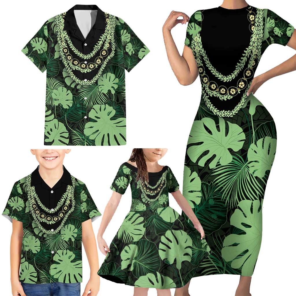 Green Hawaii Kukui Nut Lei Family Matching Short Sleeve Bodycon Dress and Hawaiian Shirt Hawaiian Pattern Monstera Tropical Vibes - Polynesian Pride
