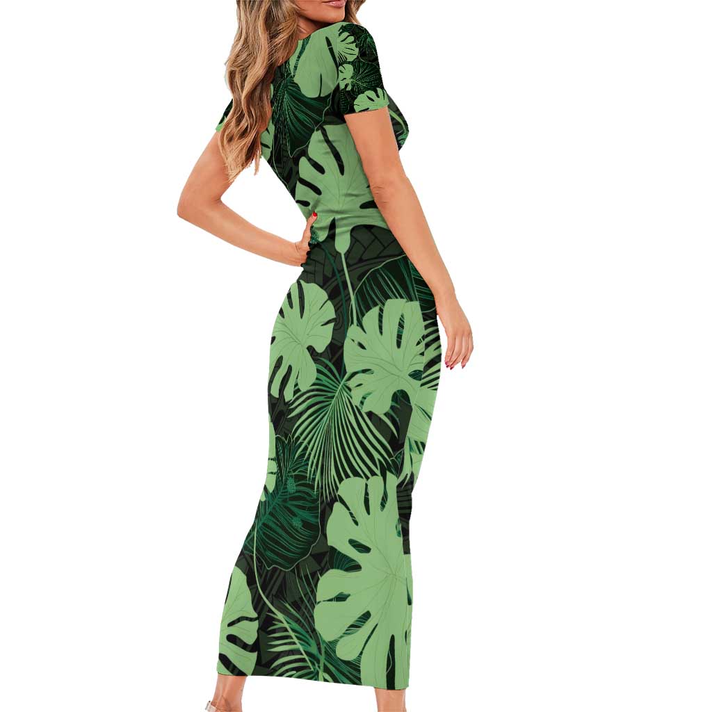 Green Hawaii Kukui Nut Lei Family Matching Short Sleeve Bodycon Dress and Hawaiian Shirt Hawaiian Pattern Monstera Tropical Vibes - Polynesian Pride