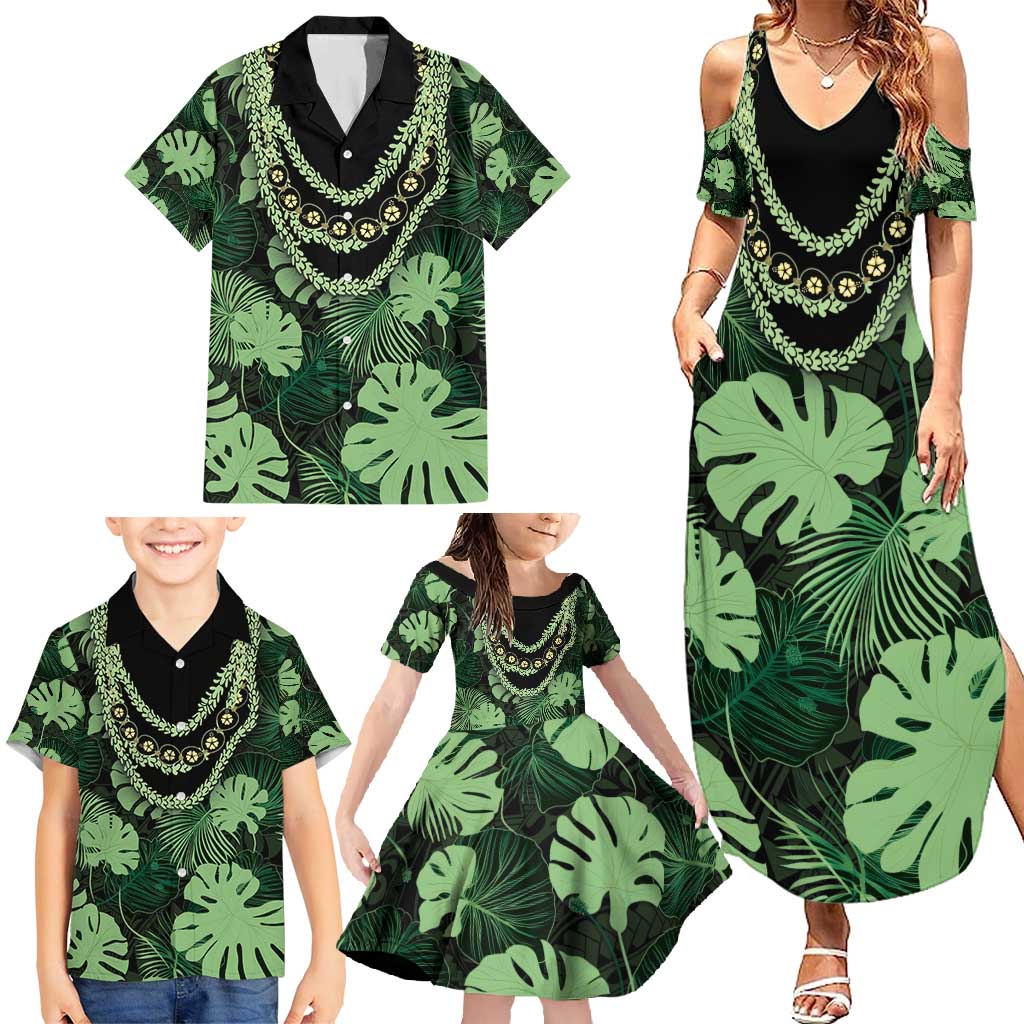 Green Hawaii Kukui Nut Lei Family Matching Summer Maxi Dress and Hawaiian Shirt Hawaiian Pattern Monstera Tropical Vibes - Polynesian Pride