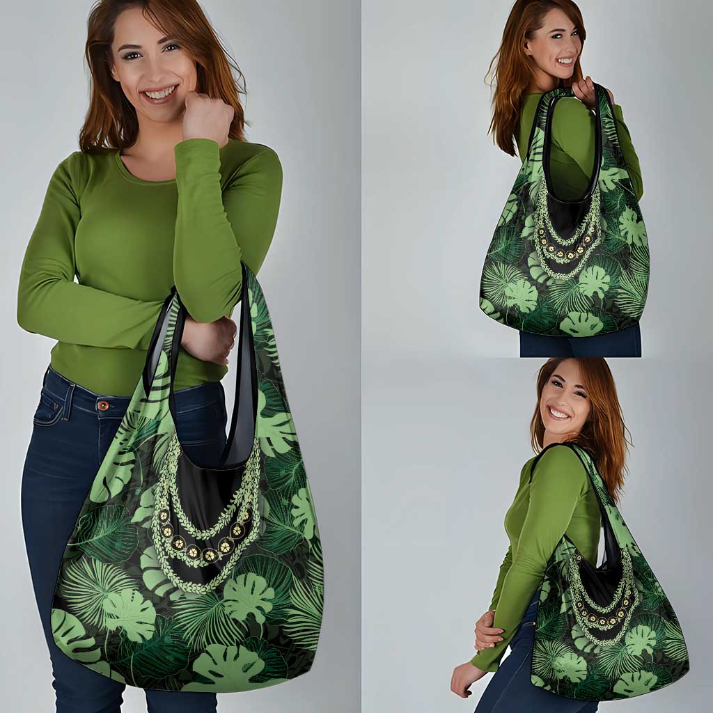 Green Hawaii Kukui Nut Lei Grocery Bag Hawaiian Pattern Monstera Tropical Vibes - Polynesian Pride