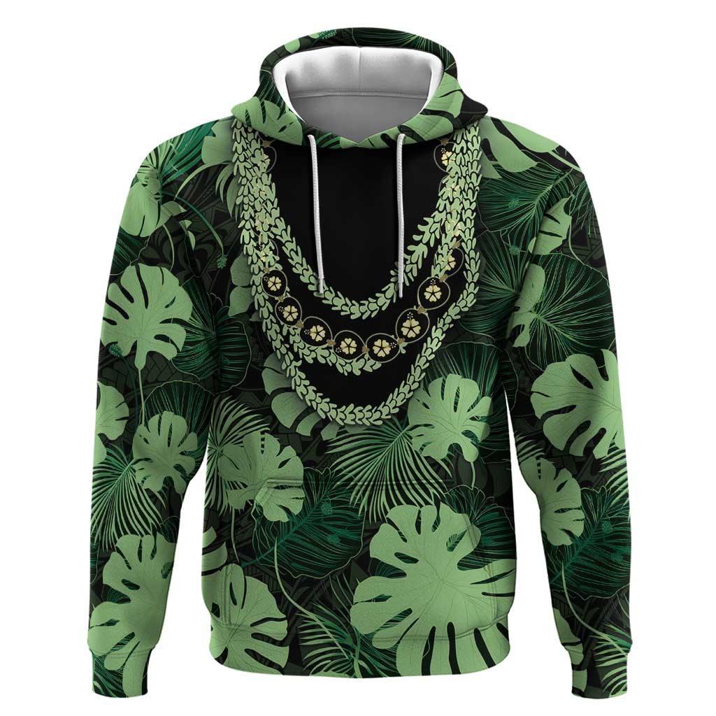 Green Hawaii Kukui Nut Lei Hoodie Hawaiian Pattern Monstera Tropical Vibes - Polynesian Pride