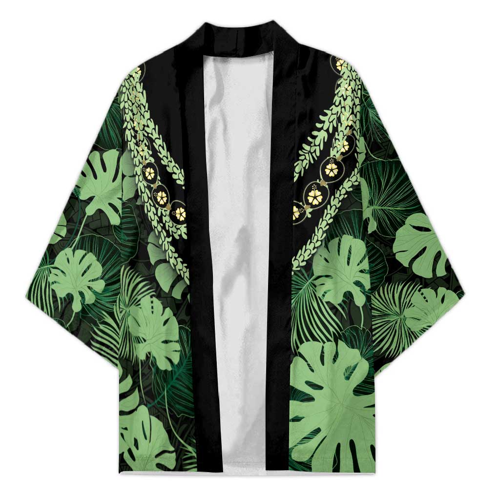 Green Hawaii Kukui Nut Lei Kimono Hawaiian Pattern Monstera Tropical Vibes - Polynesian Pride