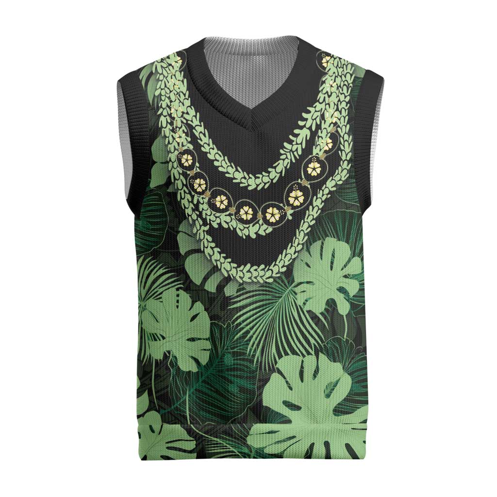 Green Hawaii Kukui Nut Lei Christmas Knitted V-Neck Vest Hawaiian Pattern Monstera Tropical Vibes - Polynesian Pride