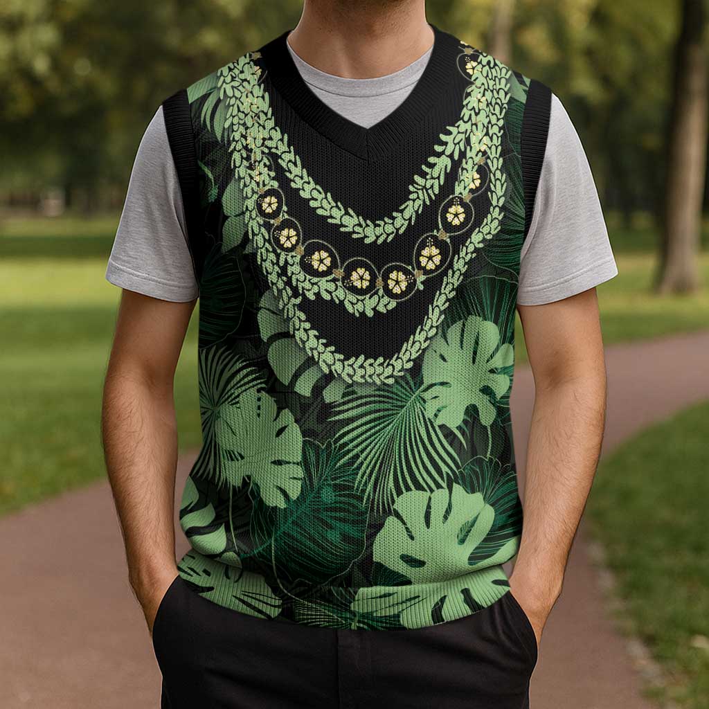 Green Hawaii Kukui Nut Lei Christmas Knitted V-Neck Vest Hawaiian Pattern Monstera Tropical Vibes - Polynesian Pride
