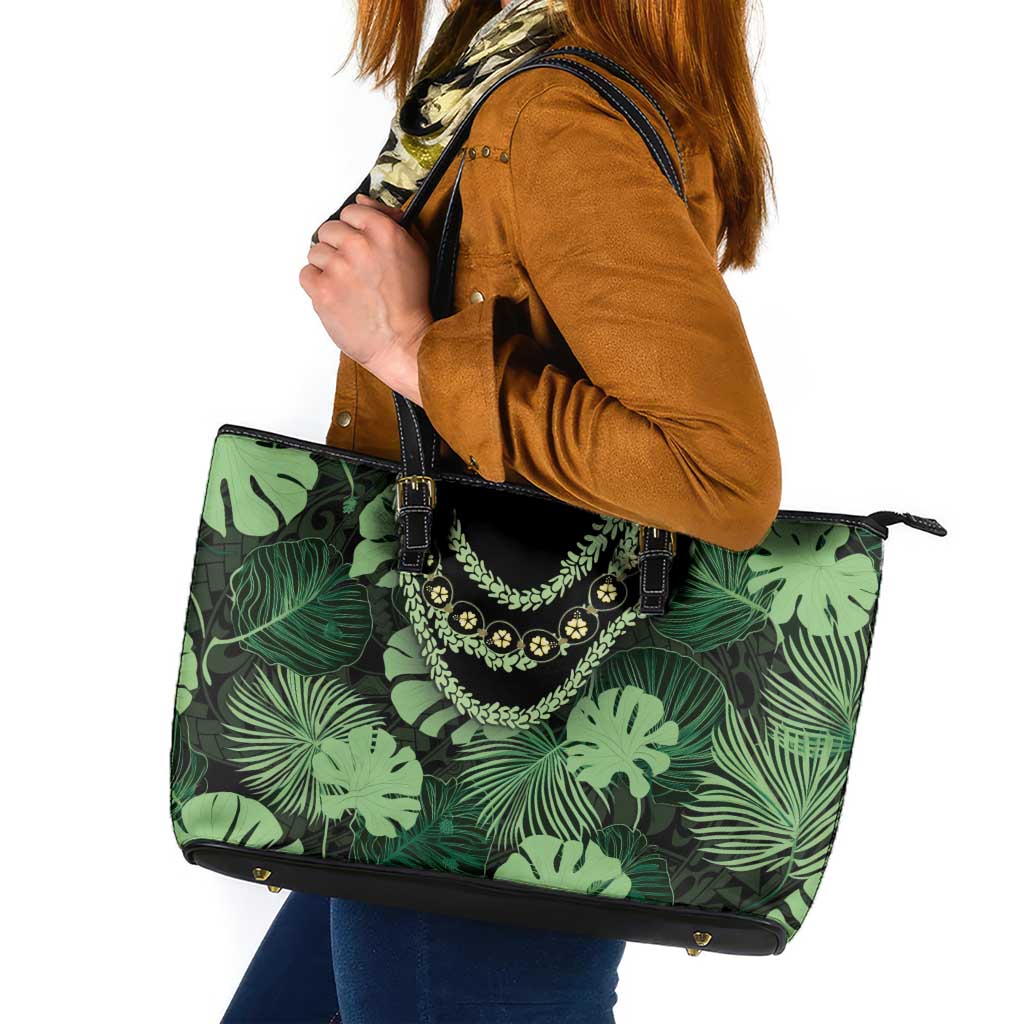 Green Hawaii Kukui Nut Lei Leather Tote Bag Hawaiian Pattern Monstera Tropical Vibes - Polynesian Pride