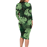 Green Hawaii Kukui Nut Lei Long Sleeve Bodycon Dress Hawaiian Pattern Monstera Tropical Vibes - Polynesian Pride