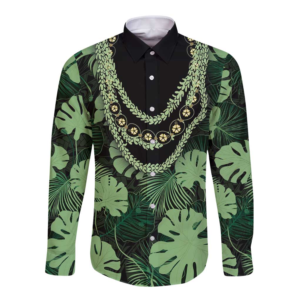 Green Hawaii Kukui Nut Lei Long Sleeve Button Shirt Hawaiian Pattern Monstera Tropical Vibes - Polynesian Pride