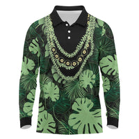 Green Hawaii Kukui Nut Lei Long Sleeve Polo Shirt Hawaiian Pattern Monstera Tropical Vibes - Polynesian Pride