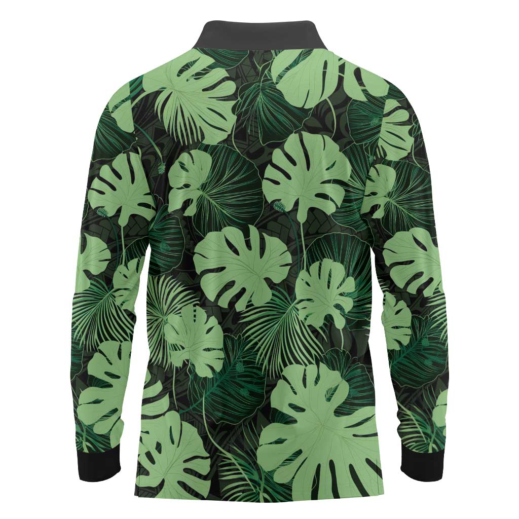 Green Hawaii Kukui Nut Lei Long Sleeve Polo Shirt Hawaiian Pattern Monstera Tropical Vibes - Polynesian Pride