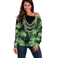 Green Hawaii Kukui Nut Lei Off Shoulder Sweater Hawaiian Pattern Monstera Tropical Vibes LT14 Women Green - Polynesian Pride