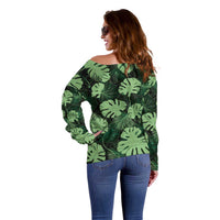 Green Hawaii Kukui Nut Lei Off Shoulder Sweater Hawaiian Pattern Monstera Tropical Vibes LT14 - Polynesian Pride