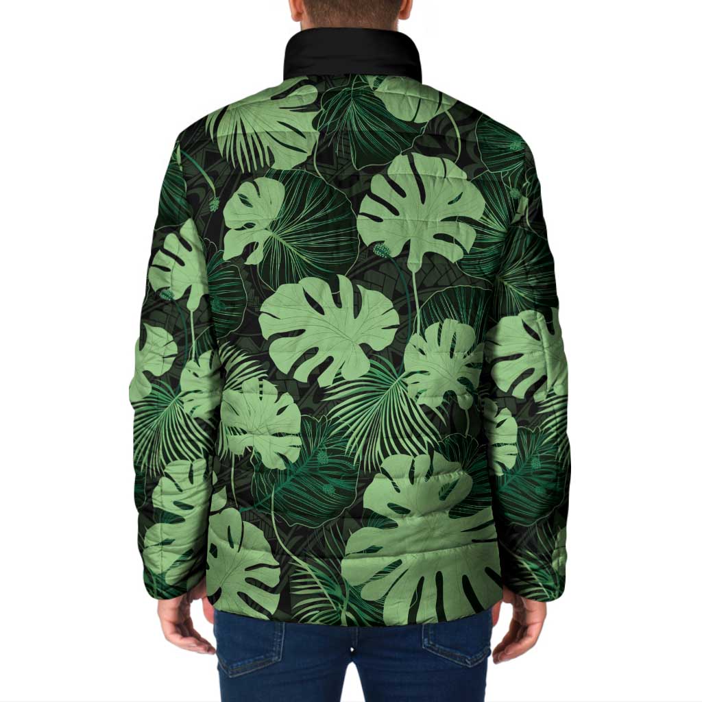 Green Hawaii Kukui Nut Lei Padded Jacket Hawaiian Pattern Monstera Tropical Vibes - Polynesian Pride