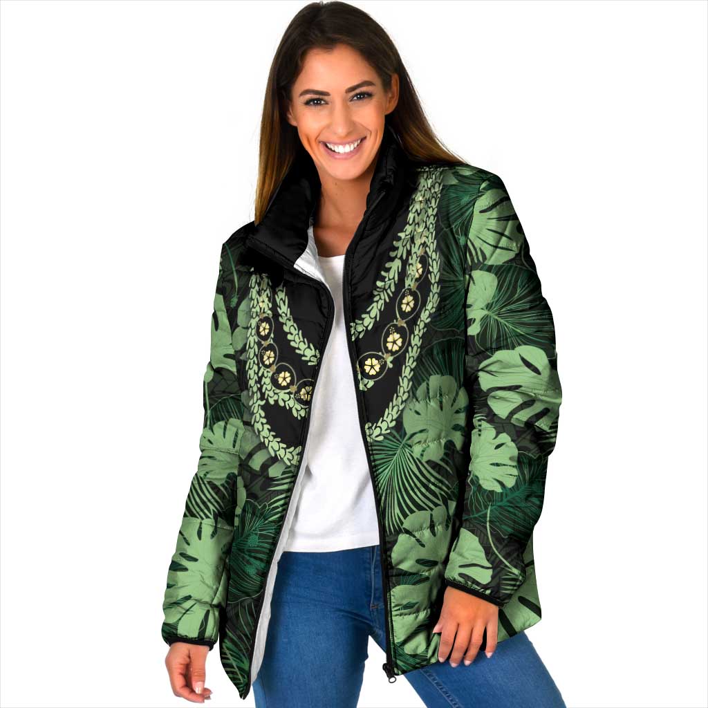 Green Hawaii Kukui Nut Lei Padded Jacket Hawaiian Pattern Monstera Tropical Vibes - Polynesian Pride