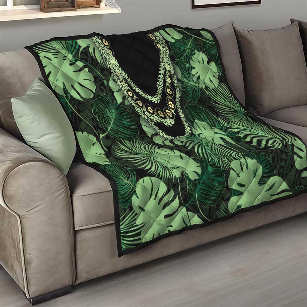 Green Hawaii Kukui Nut Lei Quilt Hawaiian Pattern Monstera Tropical Vibes - Polynesian Pride