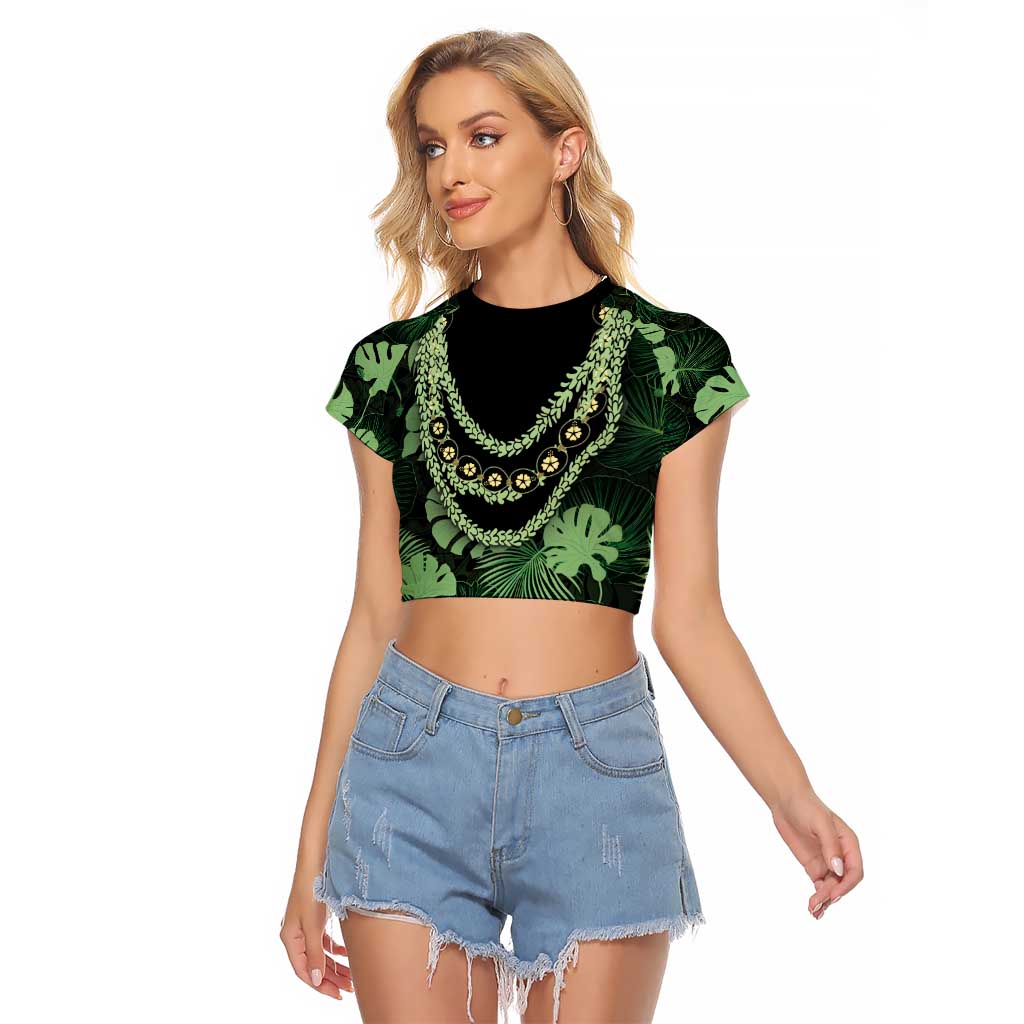Green Hawaii Kukui Nut Lei Raglan Cropped T Shirt Hawaiian Pattern Monstera Tropical Vibes - Polynesian Pride