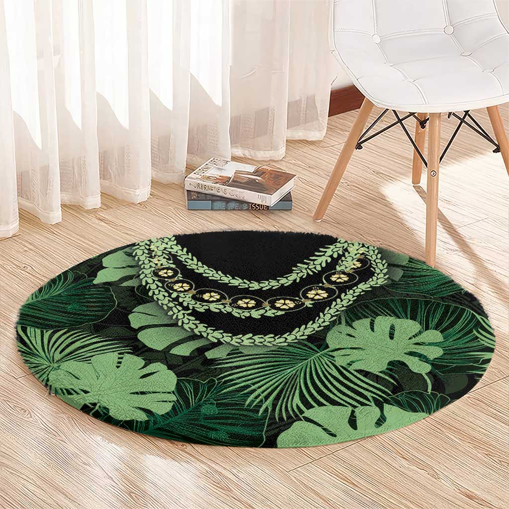 Green Hawaii Kukui Nut Lei Round Carpet Hawaiian Pattern Monstera Tropical Vibes - Polynesian Pride