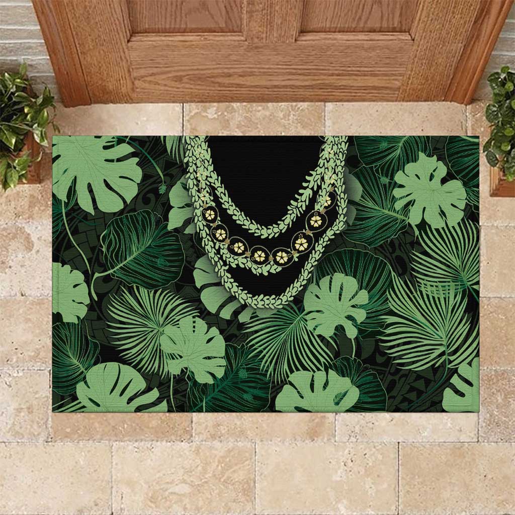 Green Hawaii Kukui Nut Lei Rubber Doormat Hawaiian Pattern Monstera Tropical Vibes - Polynesian Pride