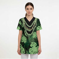 Green Hawaii Kukui Nut Lei Scrub Top Hawaiian Pattern Monstera Tropical Vibes - Polynesian Pride