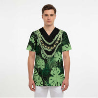 Green Hawaii Kukui Nut Lei Scrub Top Hawaiian Pattern Monstera Tropical Vibes - Polynesian Pride